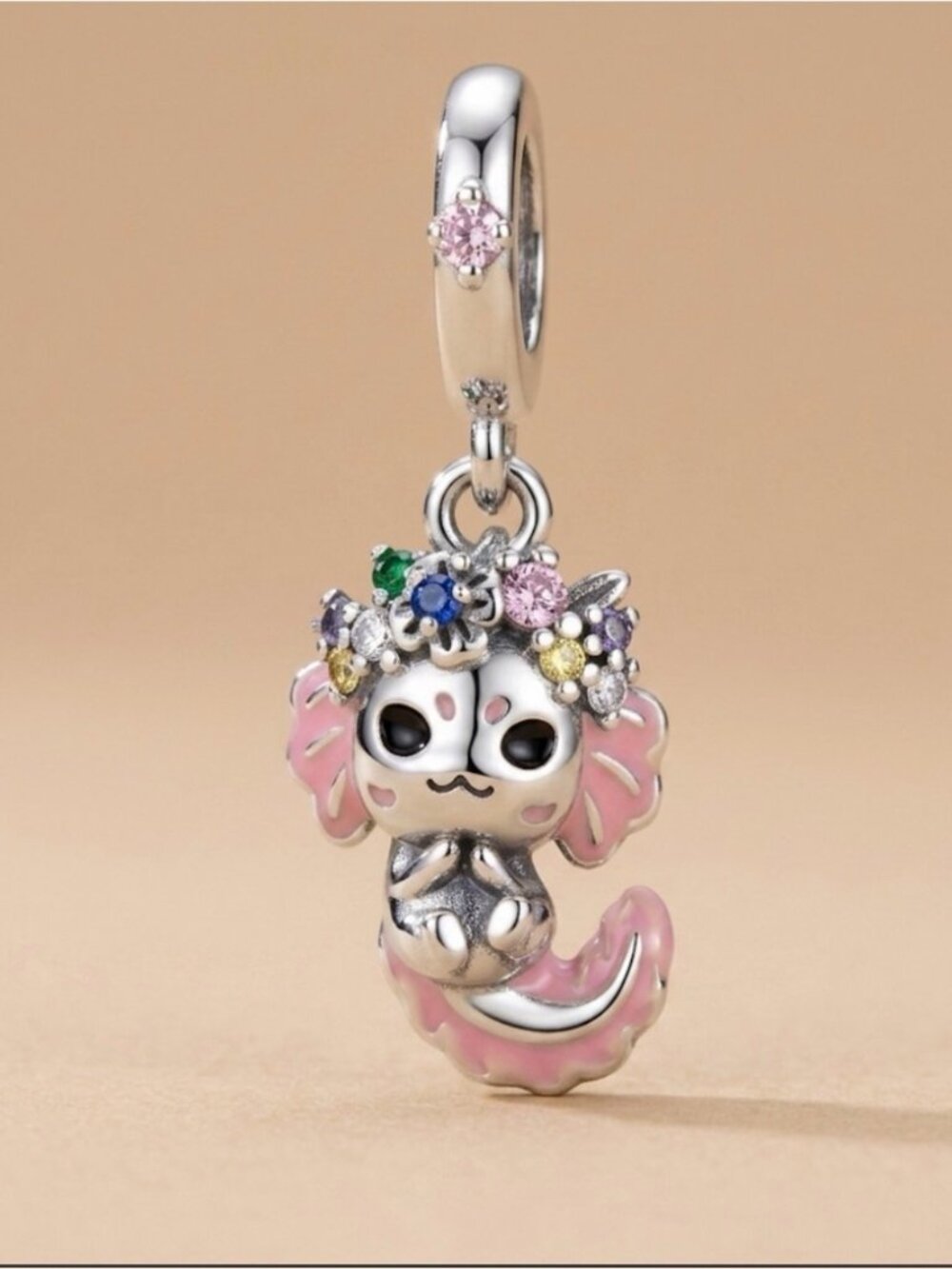 Sterling silver Pink Enamel Floral Charm Pendant for Women